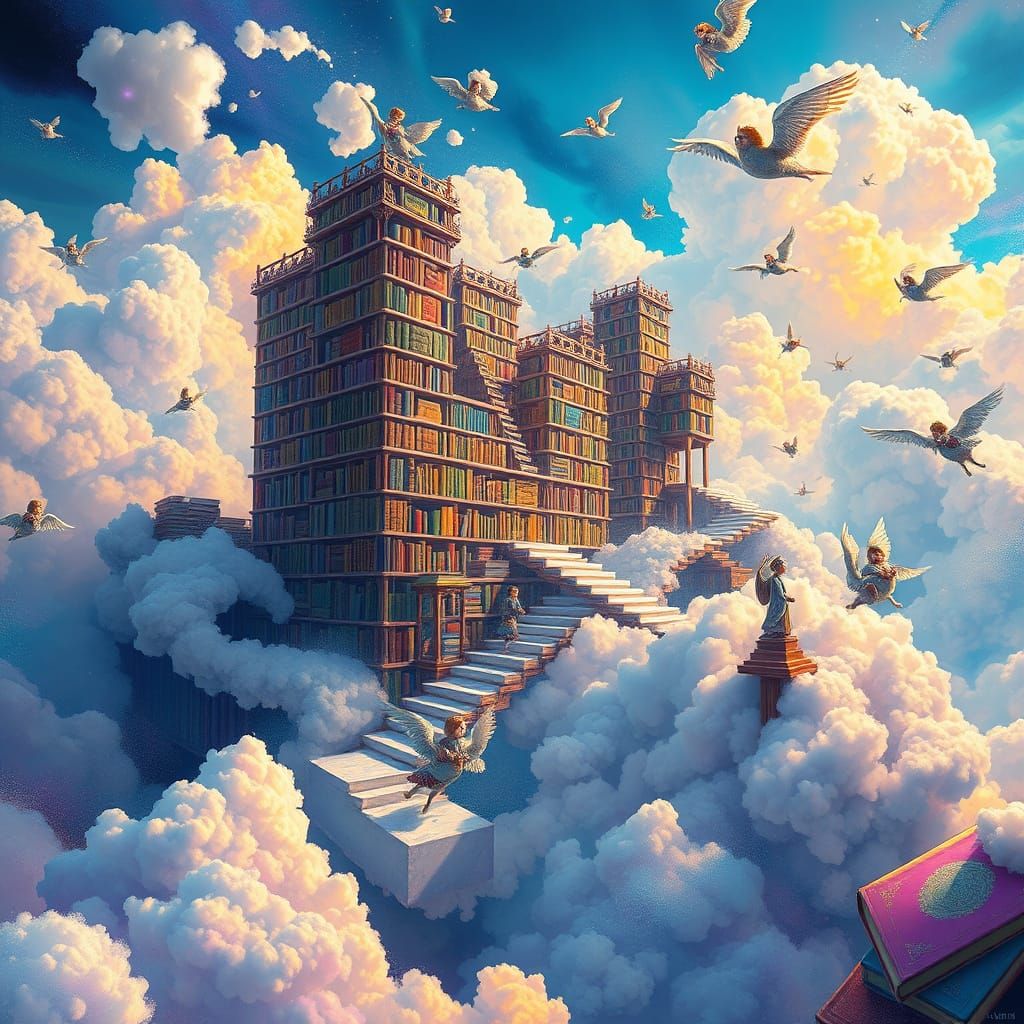 Whimsical Cloud Library with Flying Book Carpets and Winged ...