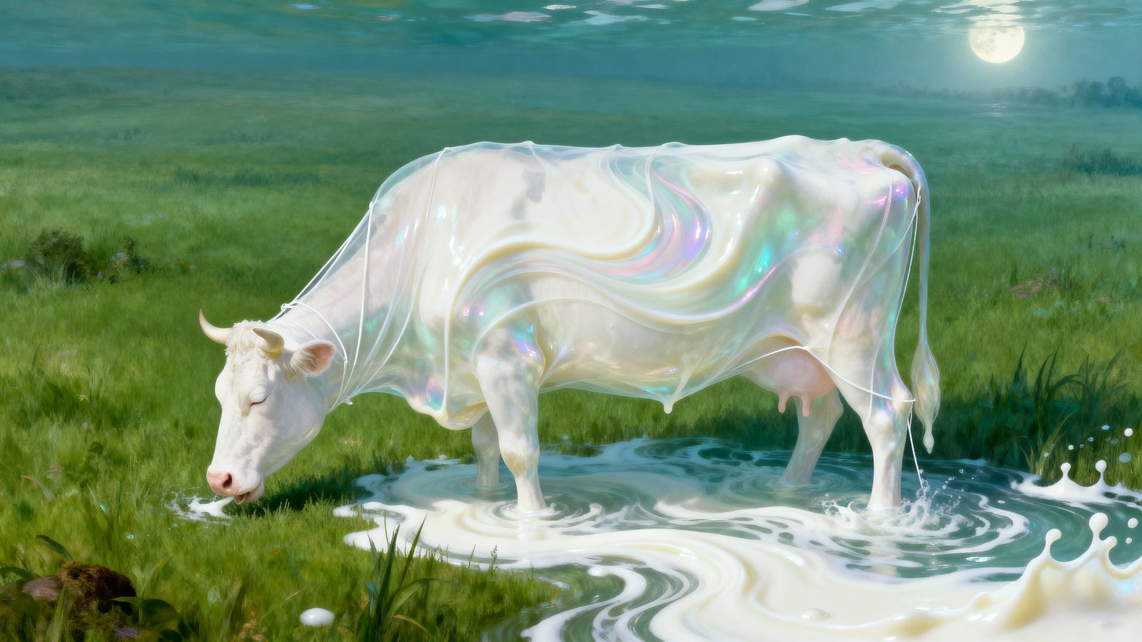 Surreal Opalescent Milk Cow in Lush Pasture