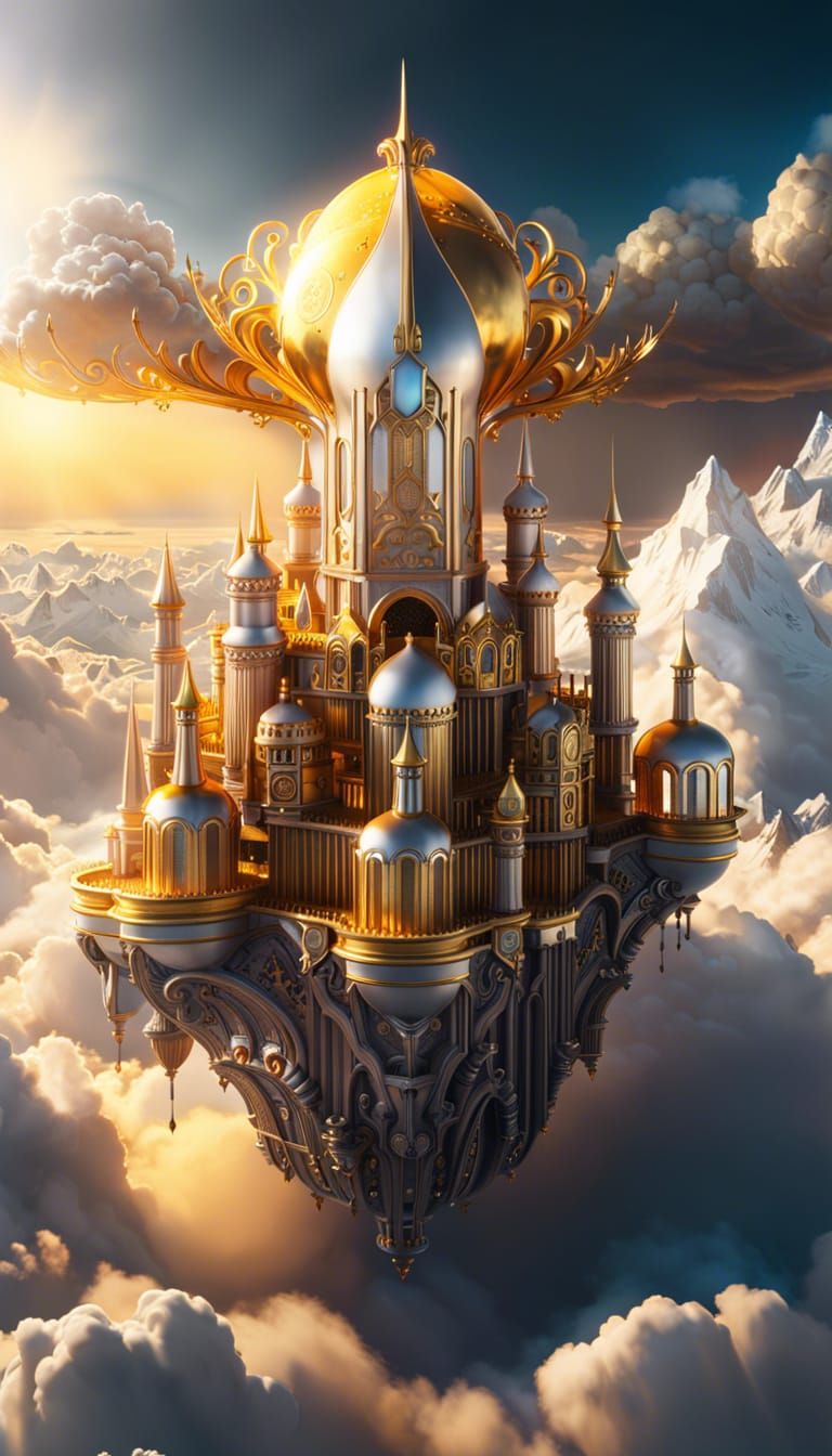 Floating Solarpunk Castle Above Clouds: Fantasy Art