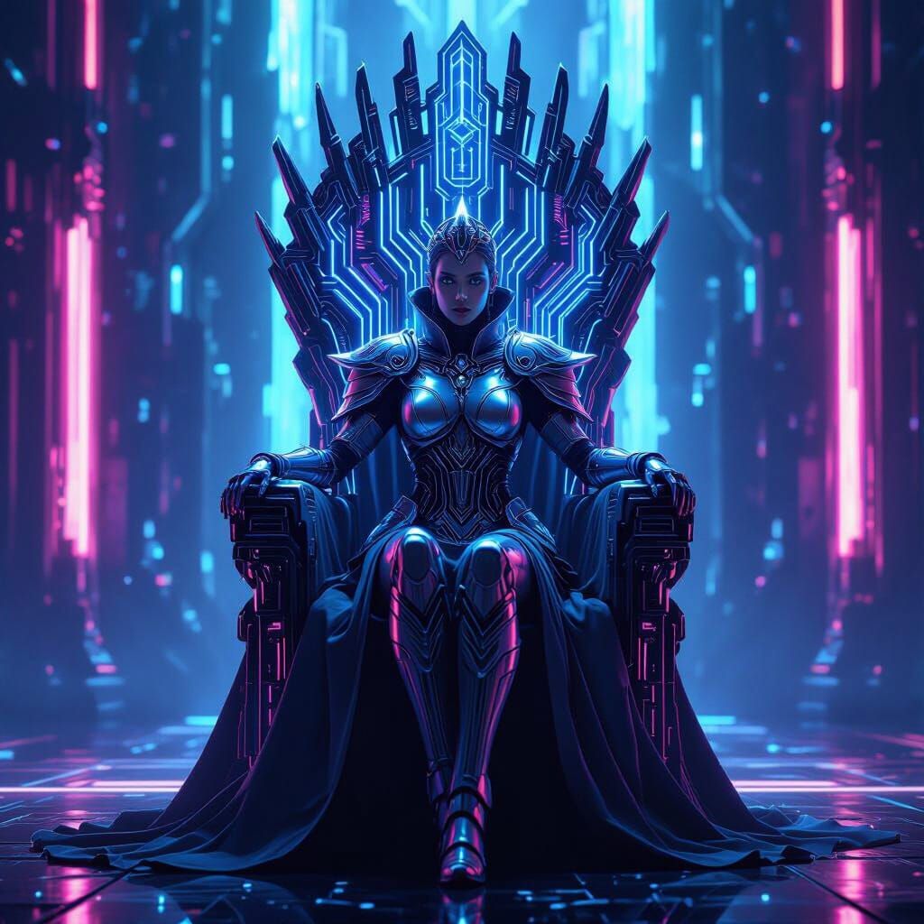 Futuristic Empress on Circuitry Throne in Neon Light
