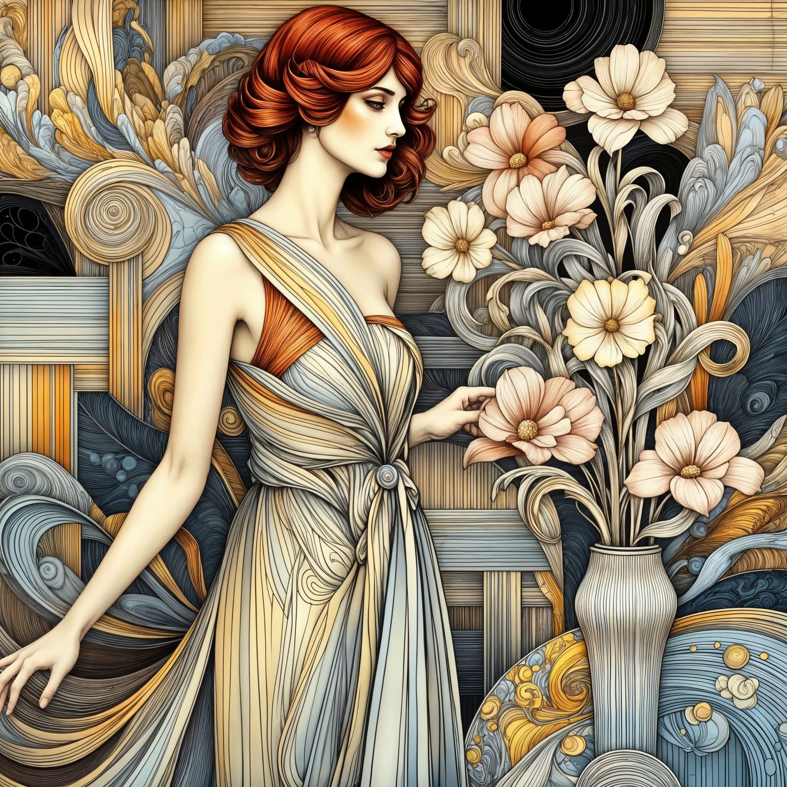 Art Nouveau Woman in Blue Gown with Flowers