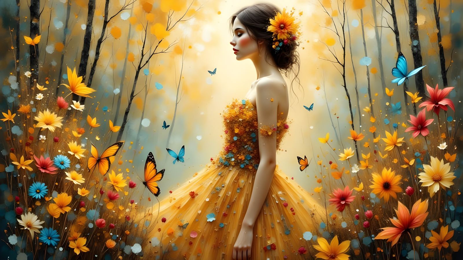 Ethereal Woman in Flower Dress, Golden Light