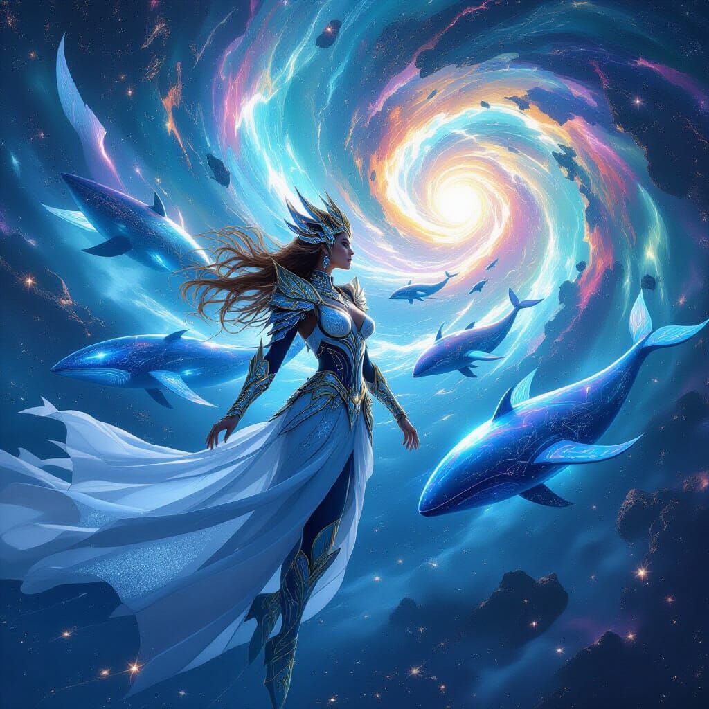 Celestial Queen Commands Sky-Whales in Digital Painting
