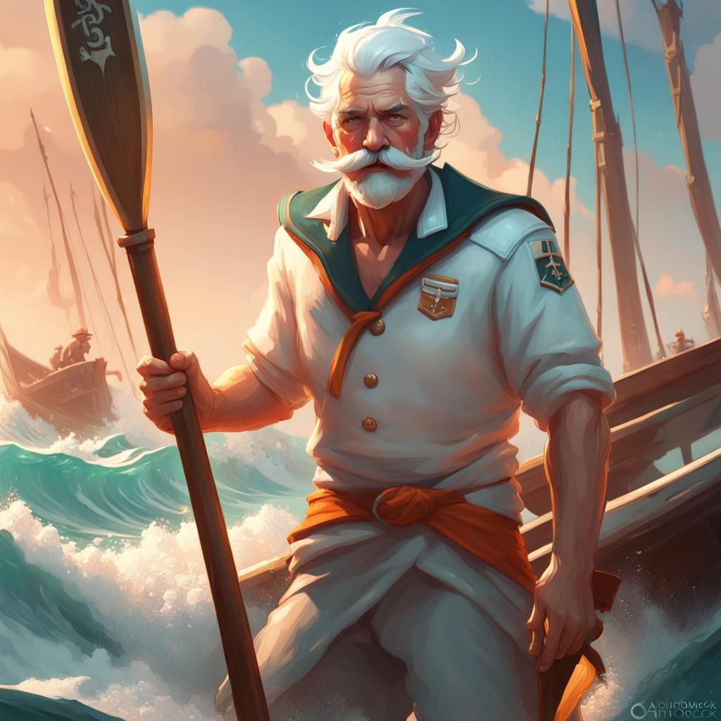 White Haired Sailor Concept Art in Orange and Teal