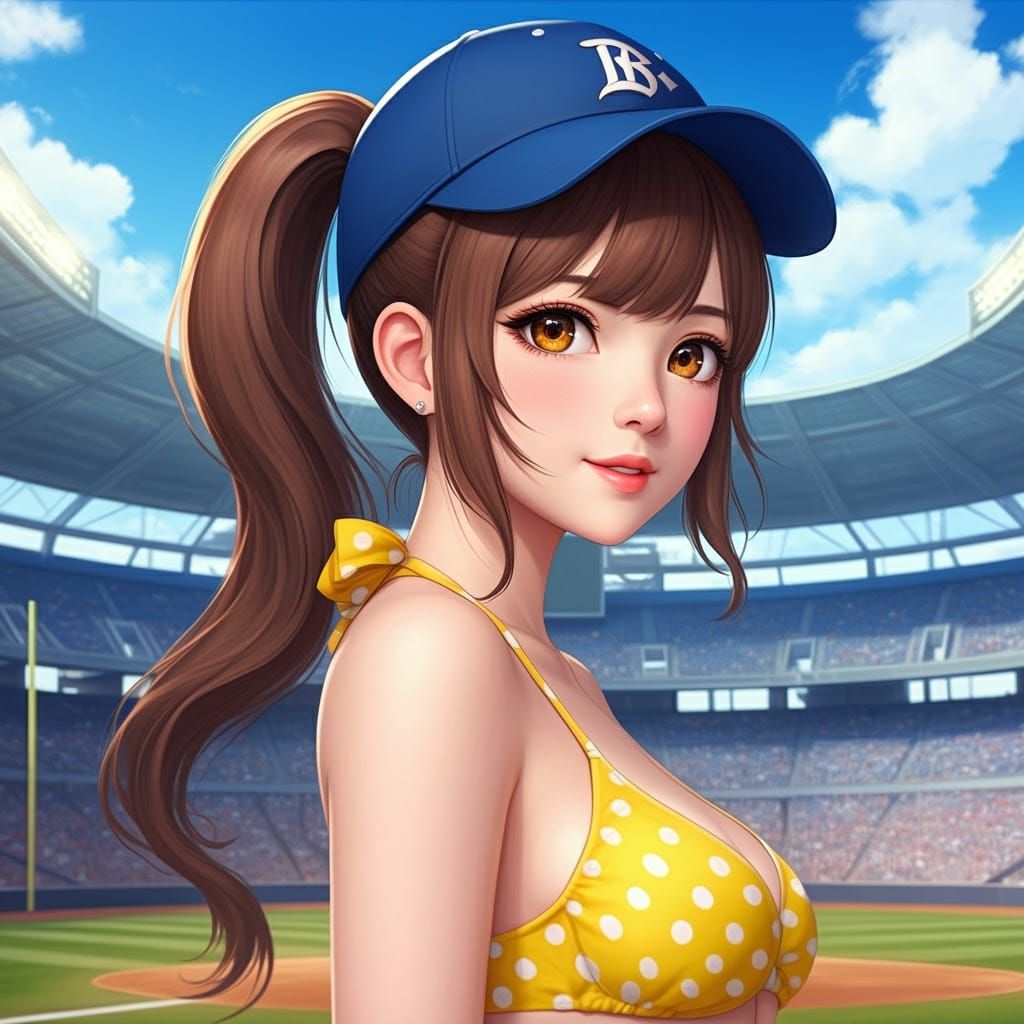 Anime Woman in Polka Dot Bikini at Stadium