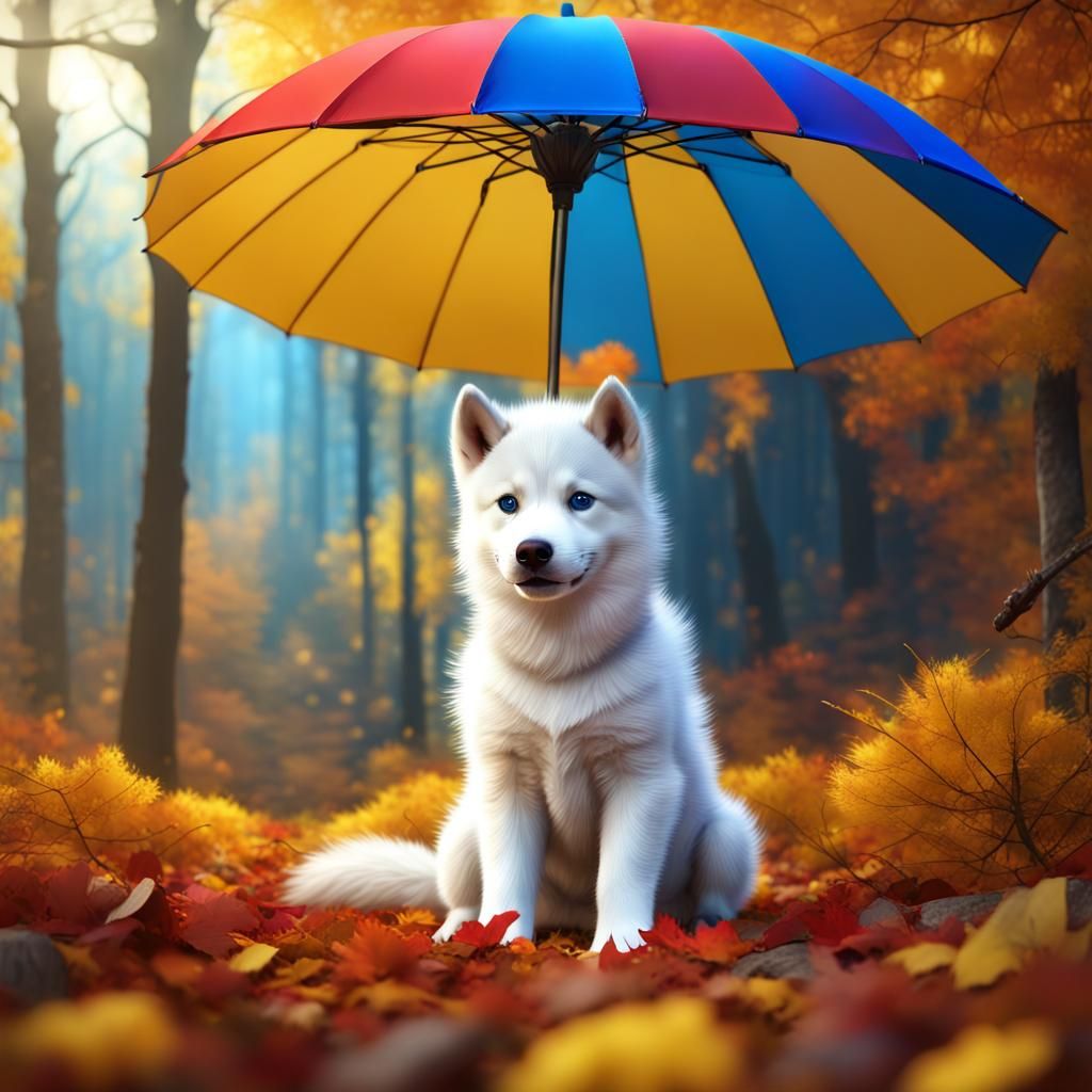 Husky Puppy in Autumn Forest: Matte Painting
