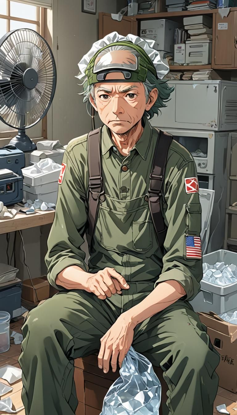 Sad Man Cooling Off in Anime Style