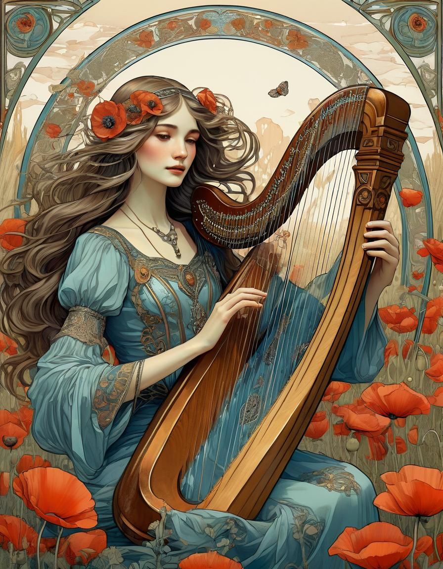 Art Nouveau Woman with Harp in Poppy Field