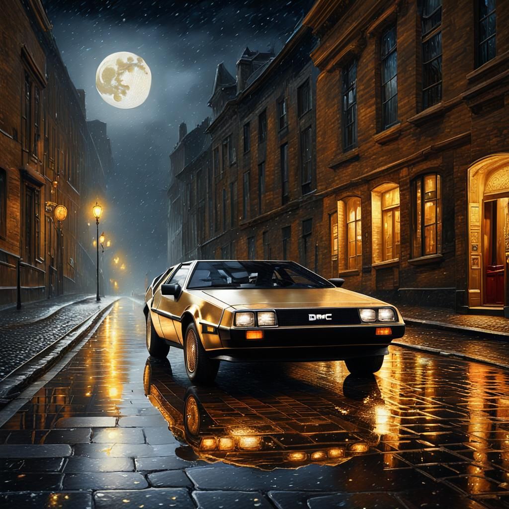 Golden DeLorean in Rainy City, Rembrandt Style
