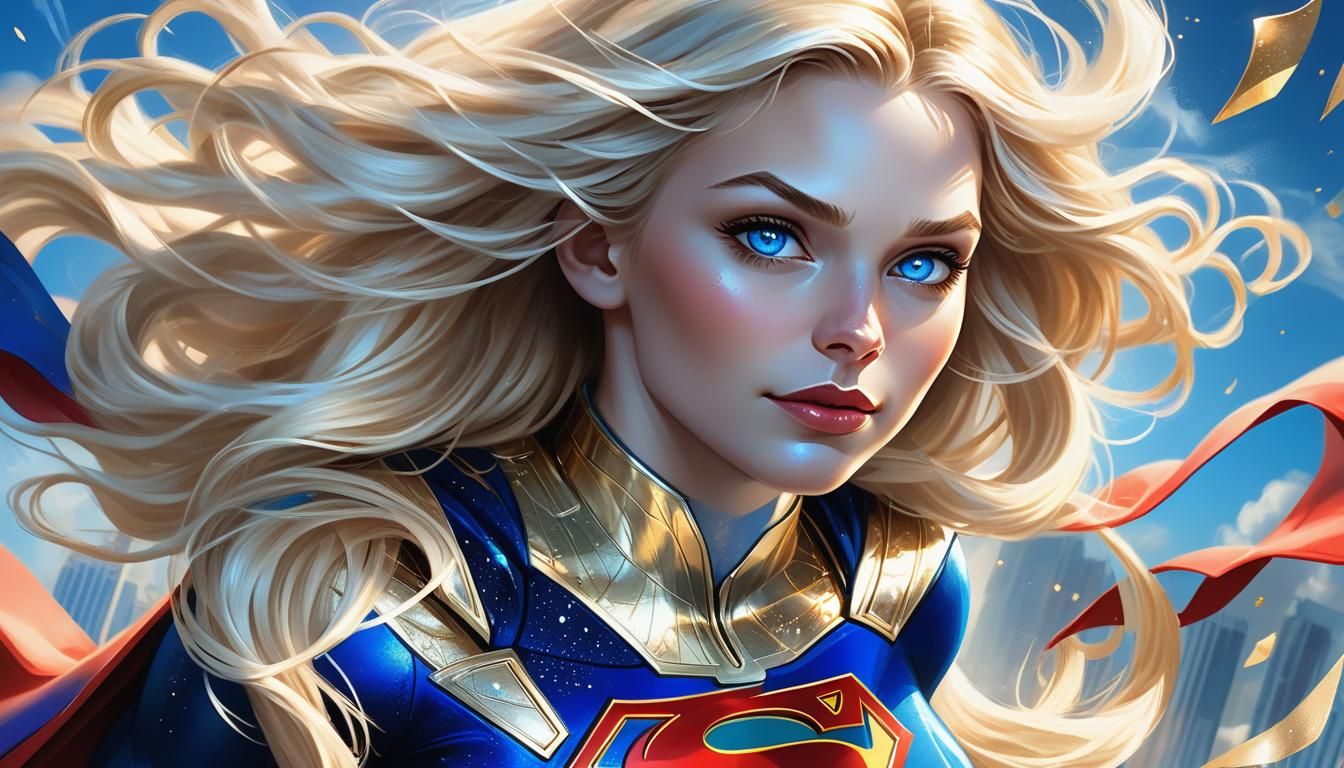 Supergirl Floating Above Metropolis in Magical Realism