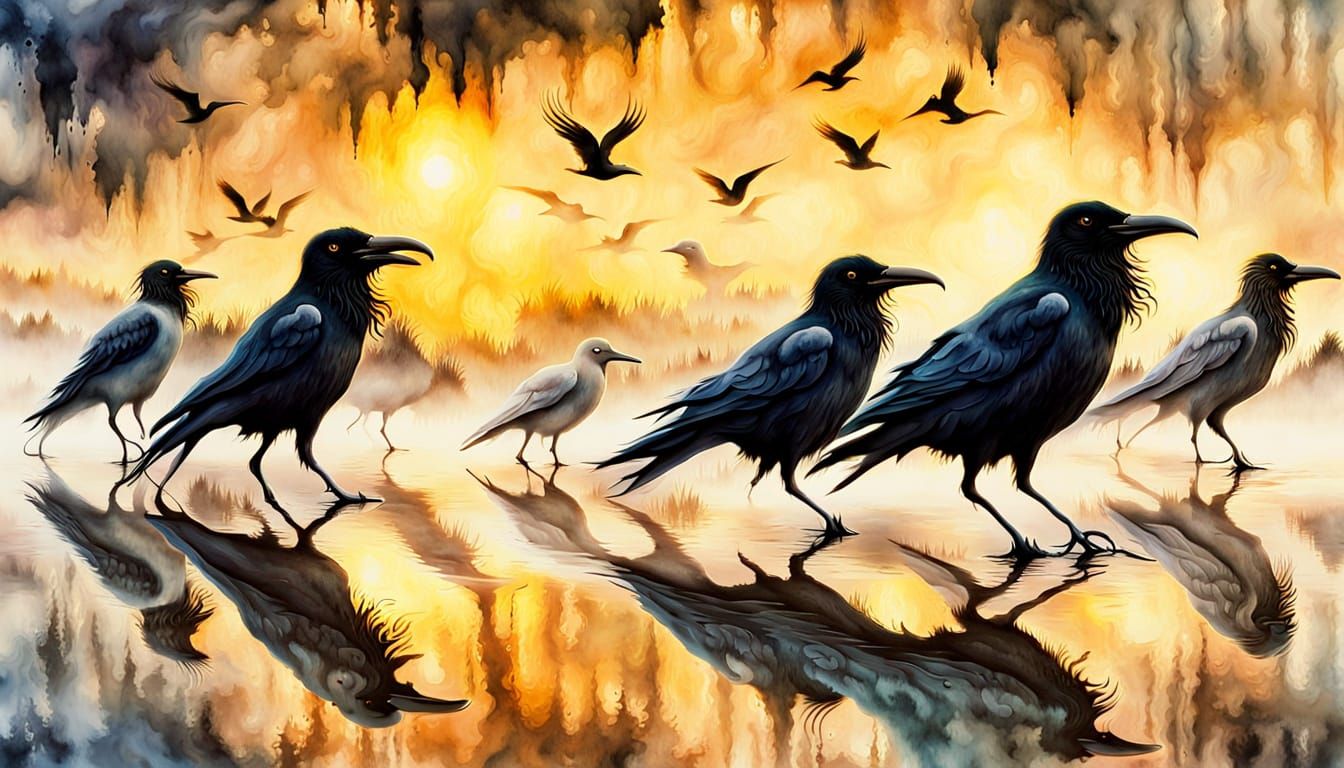 Melting Crows in Puddles: A Surrealist Watercolor Dream
