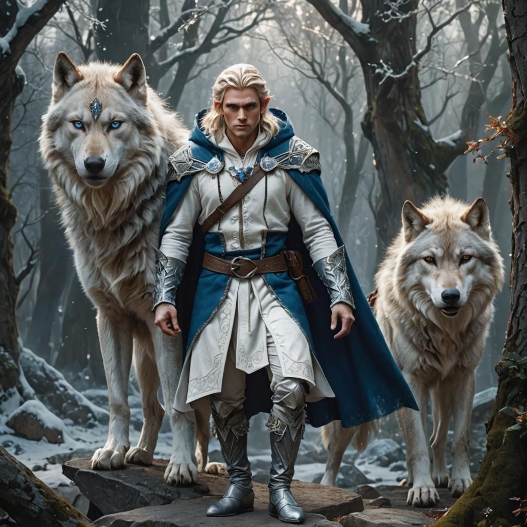 Epic Elf Ranger with Crystal Bow and Wolf