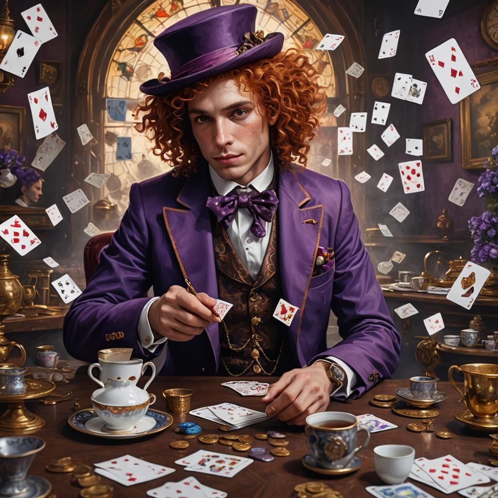 Mad Hatter in Oil Painting with Playing Cards