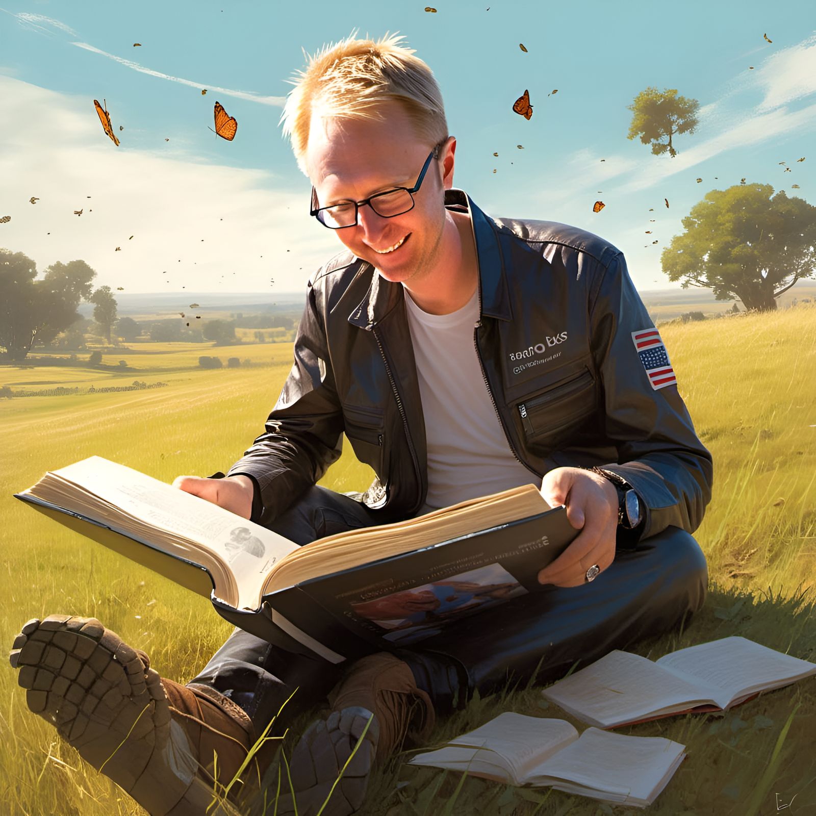 Happy Character Reading Book in Sunny Field