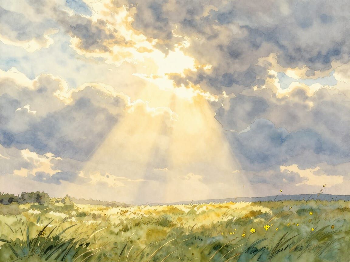 Golden Sunbeams Illuminate Meadow in Watercolor Style