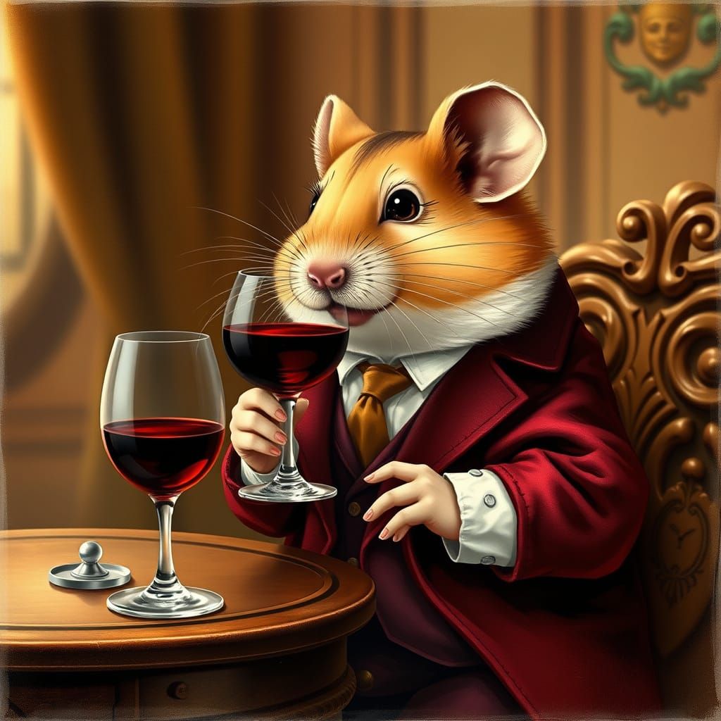 Demi-Human Hamster Sips Red Wine in Elegant Whimsy