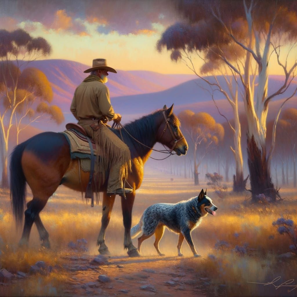 Brumby Rider and Heeler at Dusk: Impasto Oil Painting