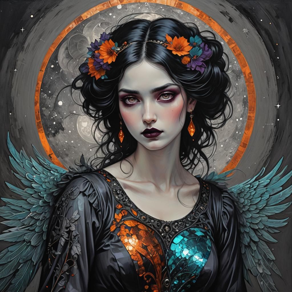 Emo Angel Woman in Charcoal Tones