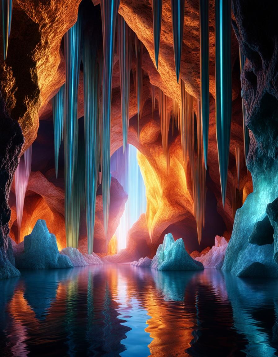 Prismatic Crystals Illuminate Cave Interior