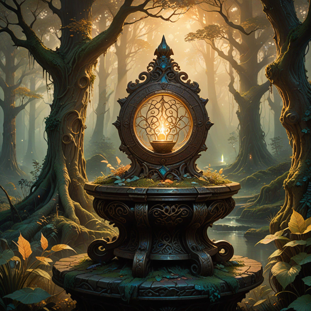 Ethereal Fantasy Art Piece: Glowing Artifact in Mystical For...