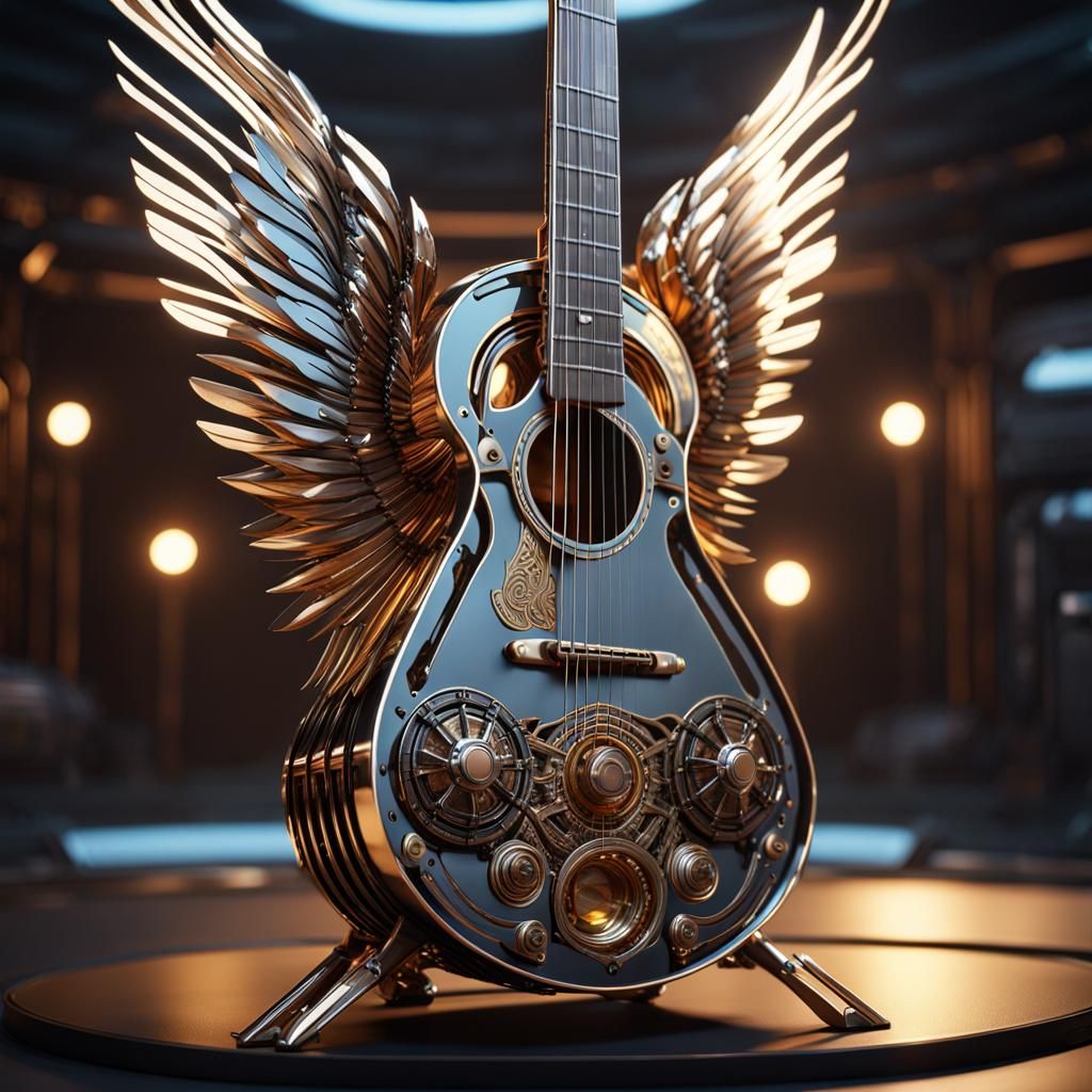 Winged Guitar Taking Flight in Sci-Fi Style