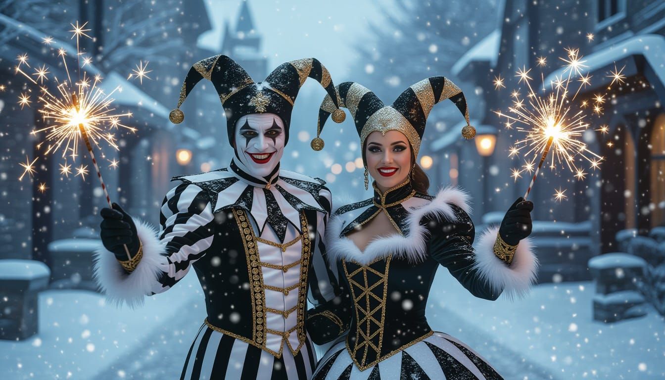 Magical Christmas Jesters with Firecrackers in Cinematic Sty...