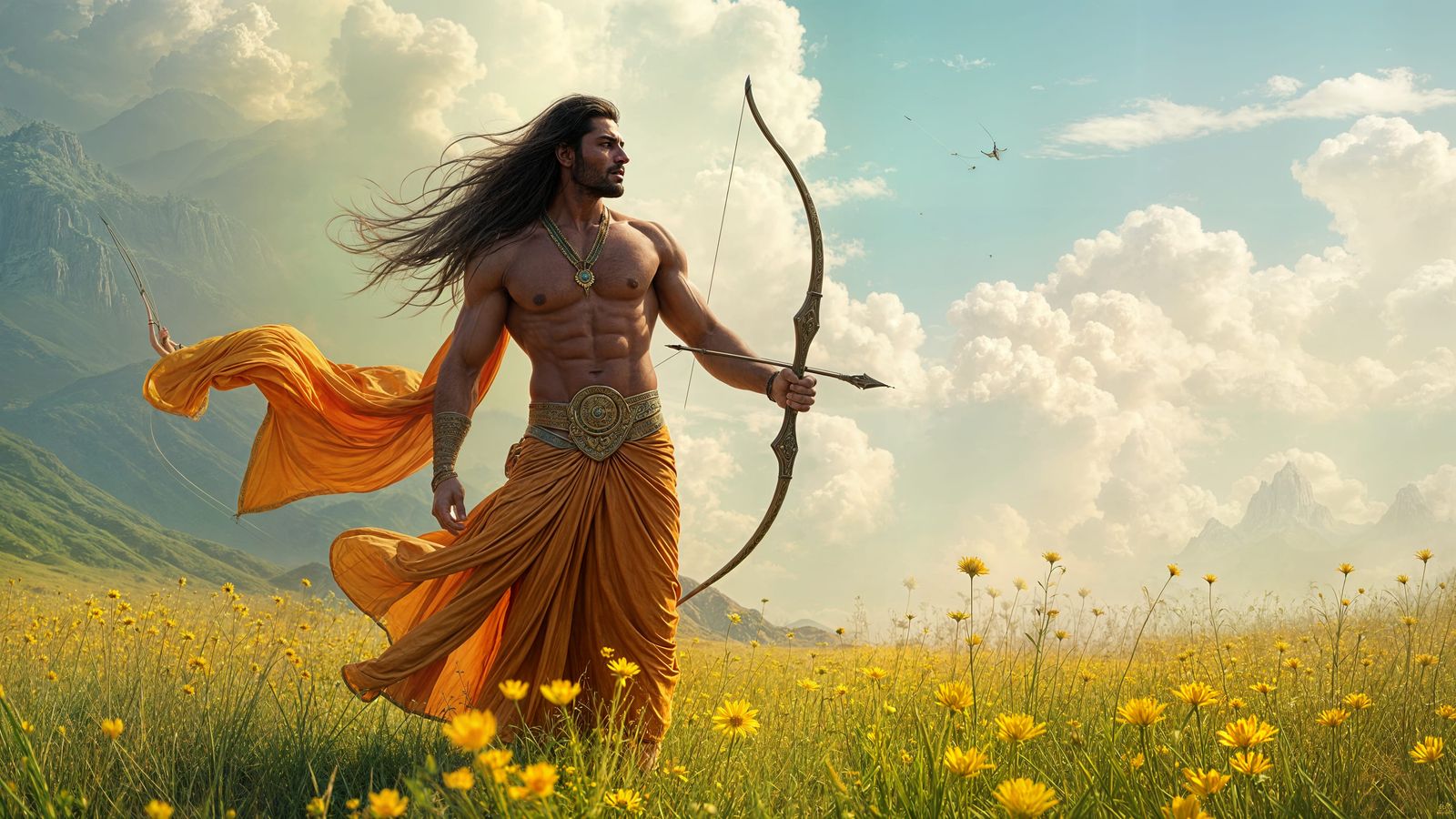 Chiseled Hero in Vibrant Saffron Robes Stands in Lush Green...