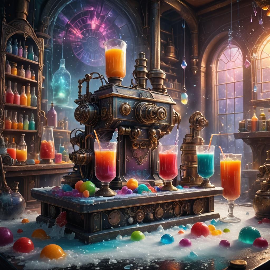 Mystical Laboratory: Rainbow Frozen Juices in Fantasy Art