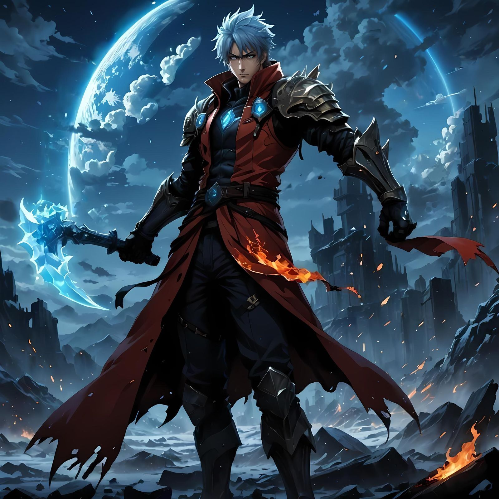 Anime Hero Poses with Fire and Ice Gauntlets