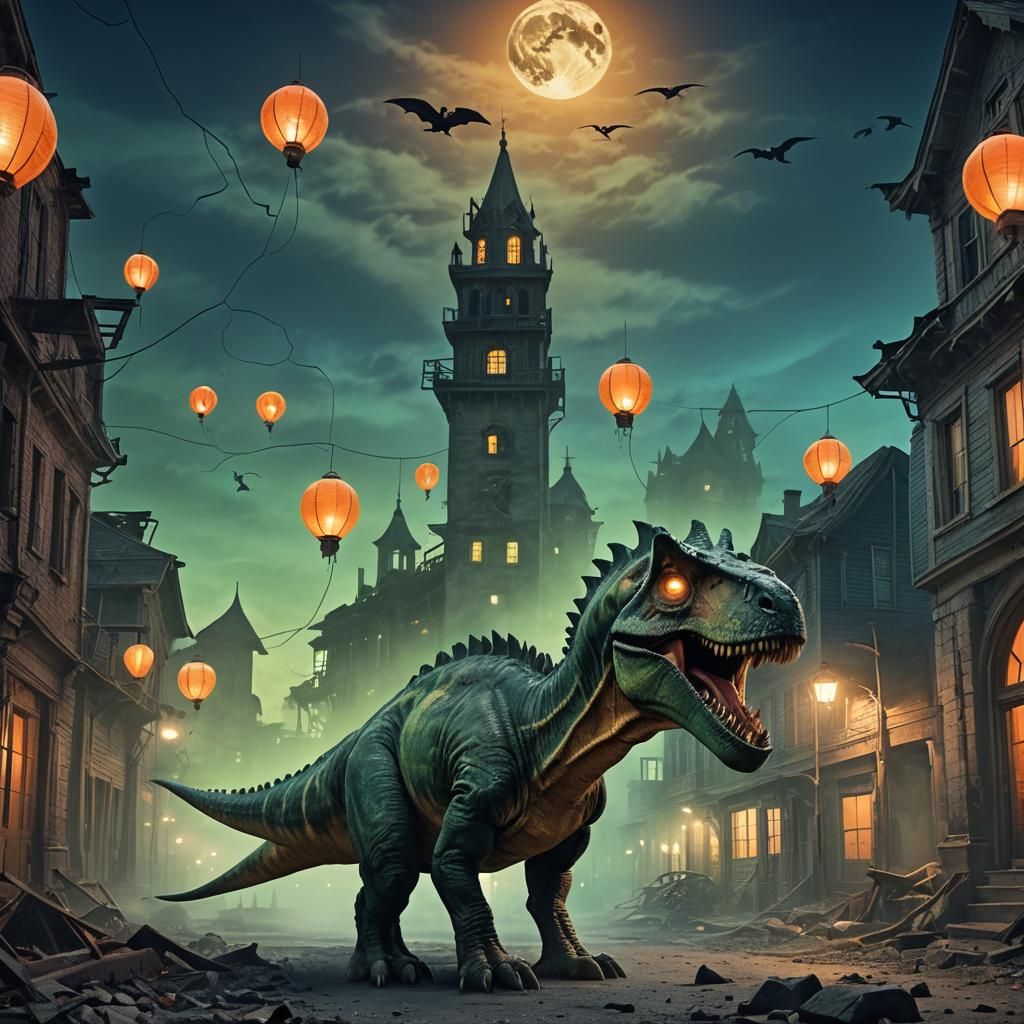 Dinosaur in Ghost Town: Mystical Surrealist Concept Art