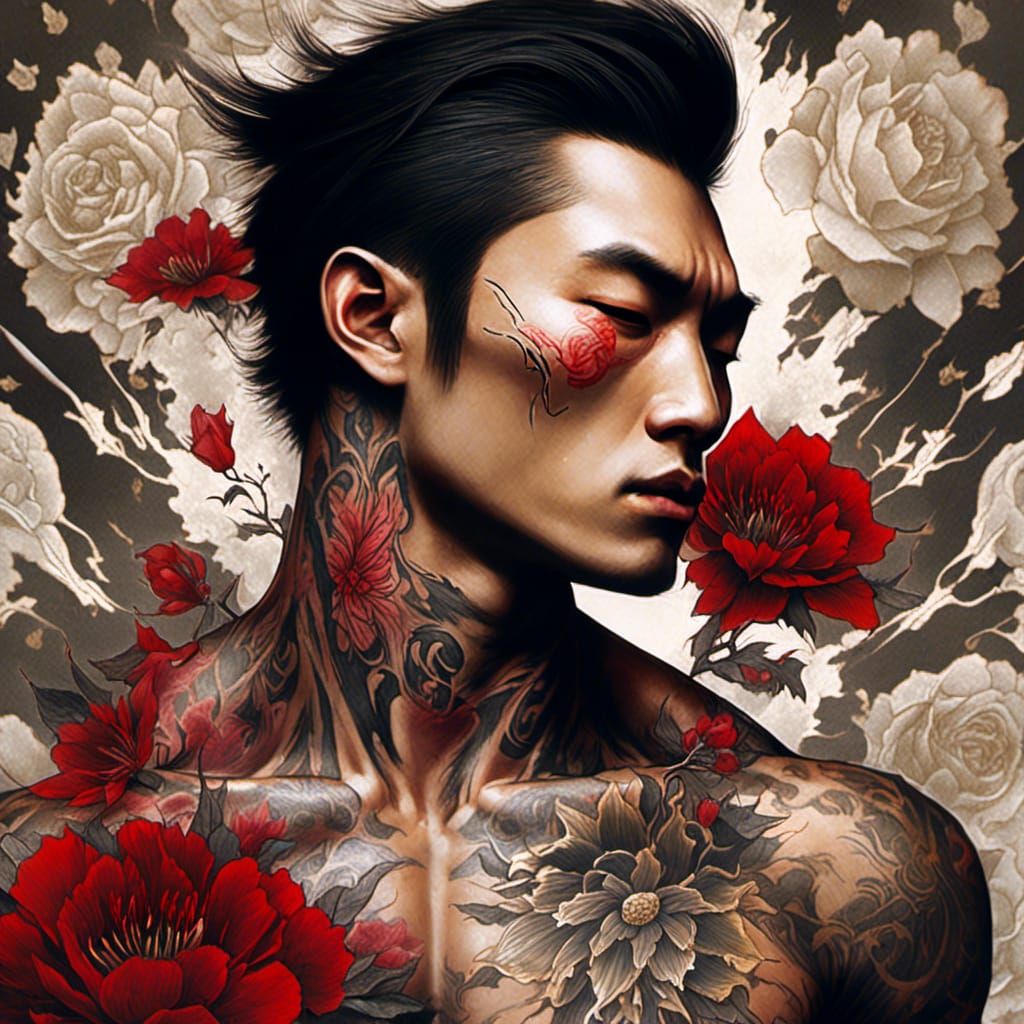 Intense Yakuza Portrait with Floral Tattoo Detail