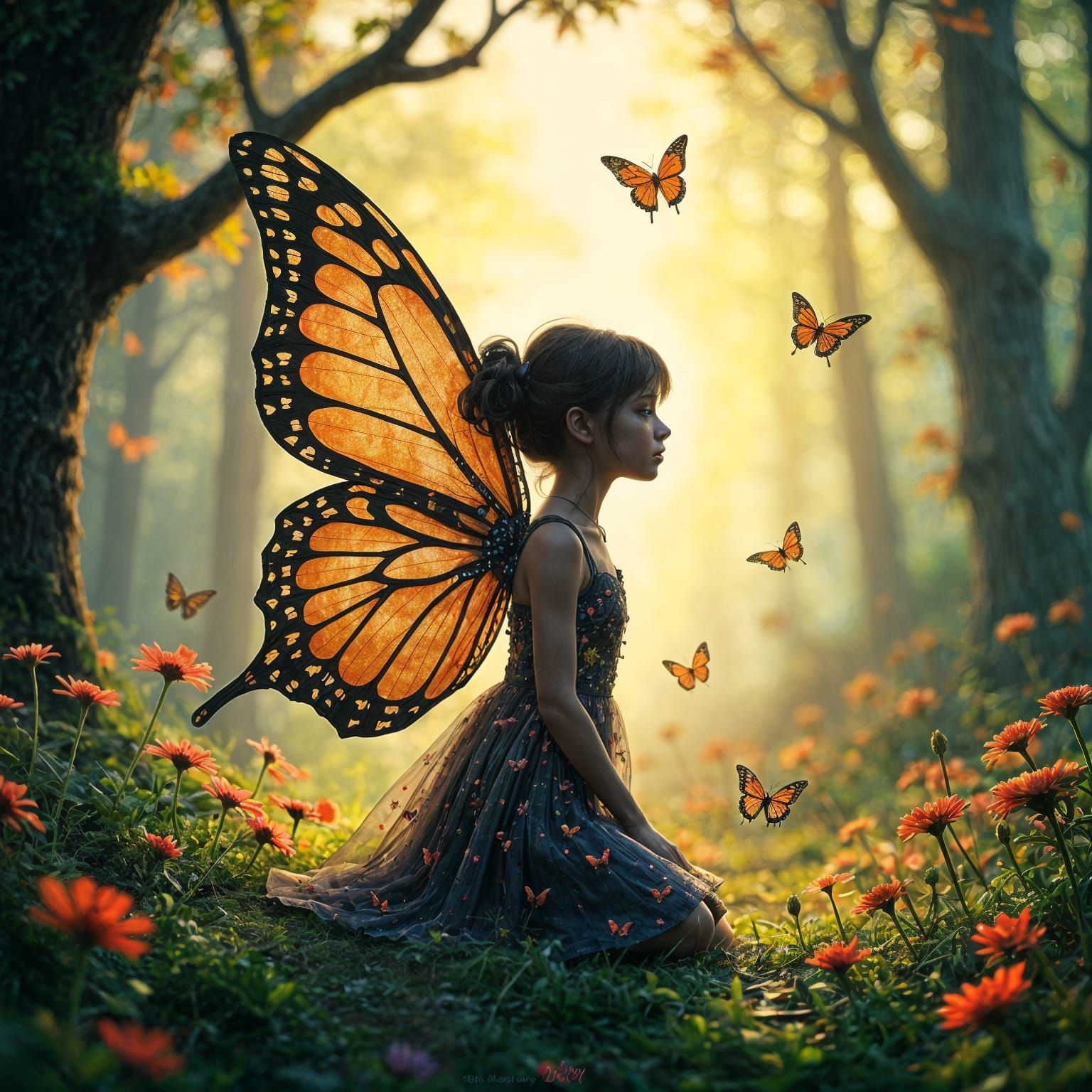 Butterfly Fairy Silhouette in Whimsical Village
