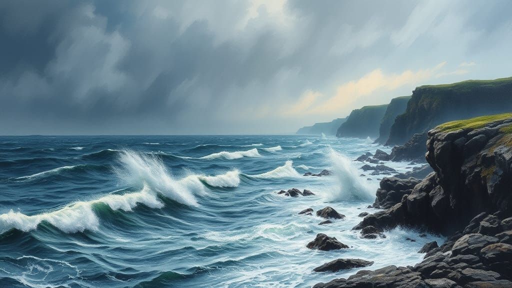 Stormy Coastline with Impasto Waves in Van Gogh Style