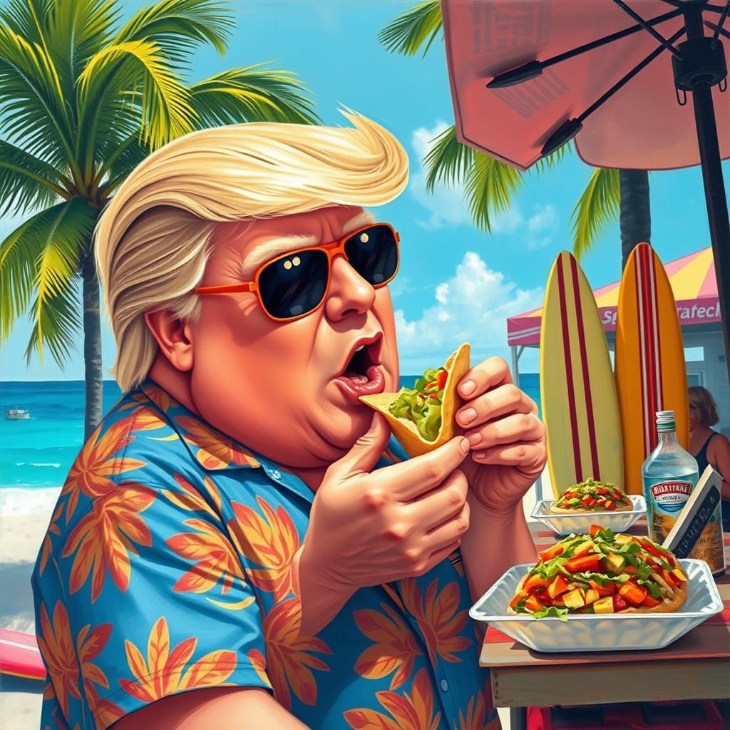 Donald Trump Devouring Taco, Gouache Impasto Painting