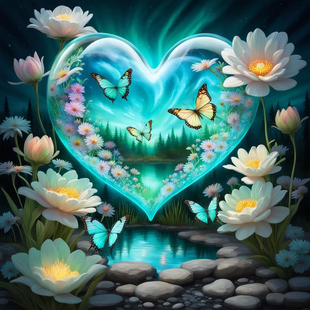 Turquoise Butterflies Create Aurora Heart