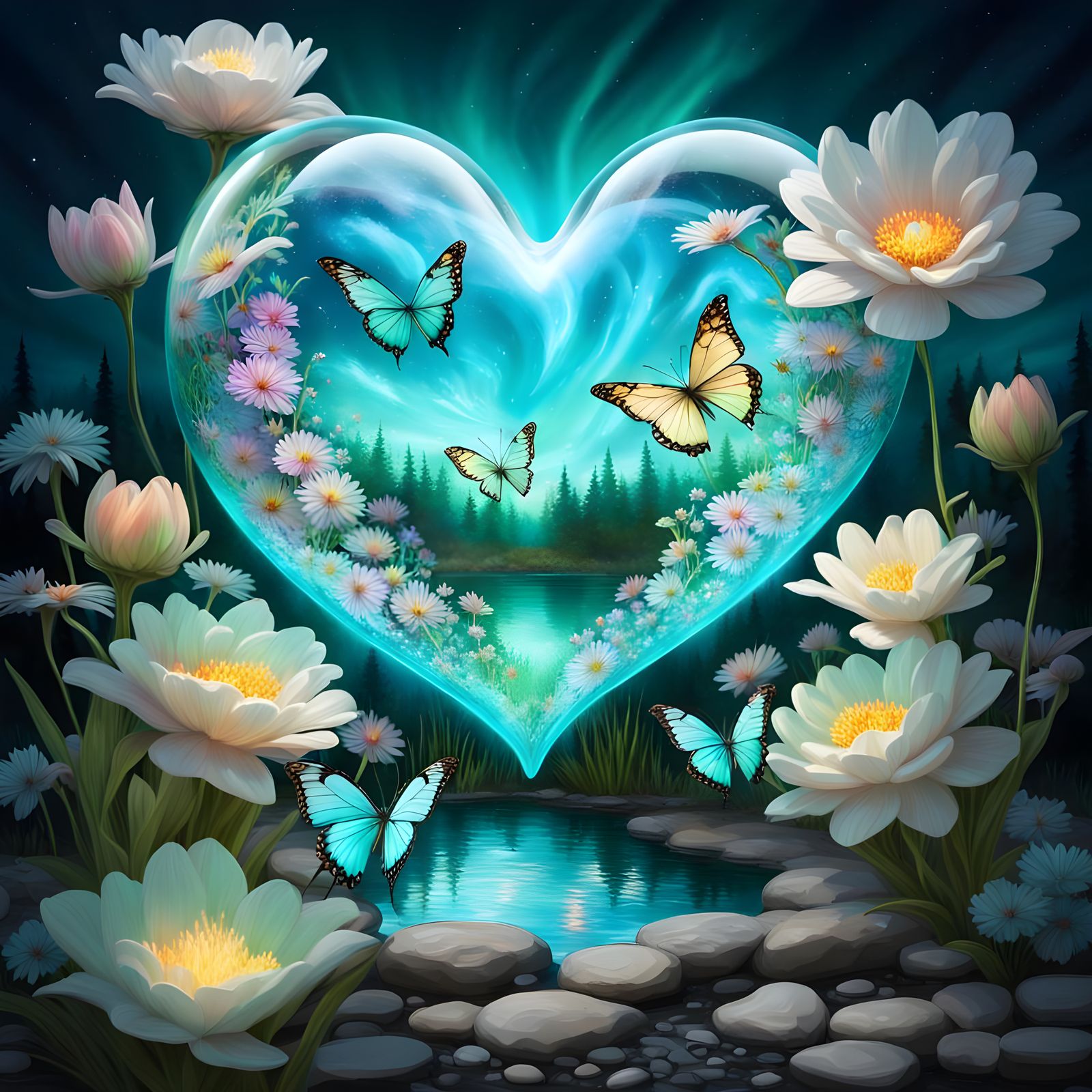 Turquoise Butterflies Create Aurora Heart