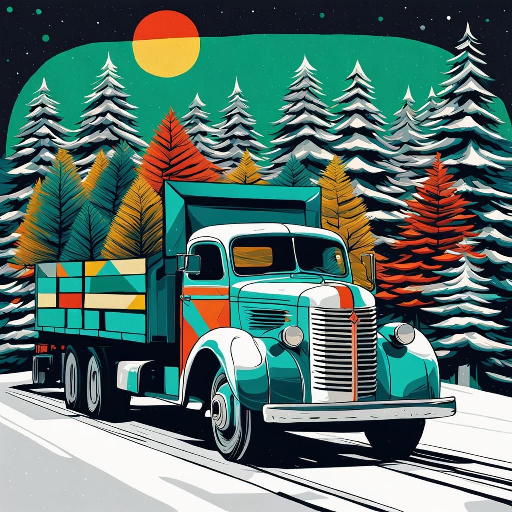Christmas Tree Truck in Geometric Pop Art Style