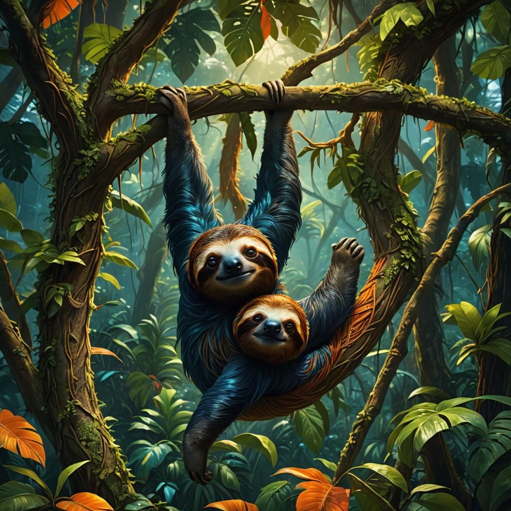 Costa Rican Sloth in Tropical Rainforest, Matte Painting