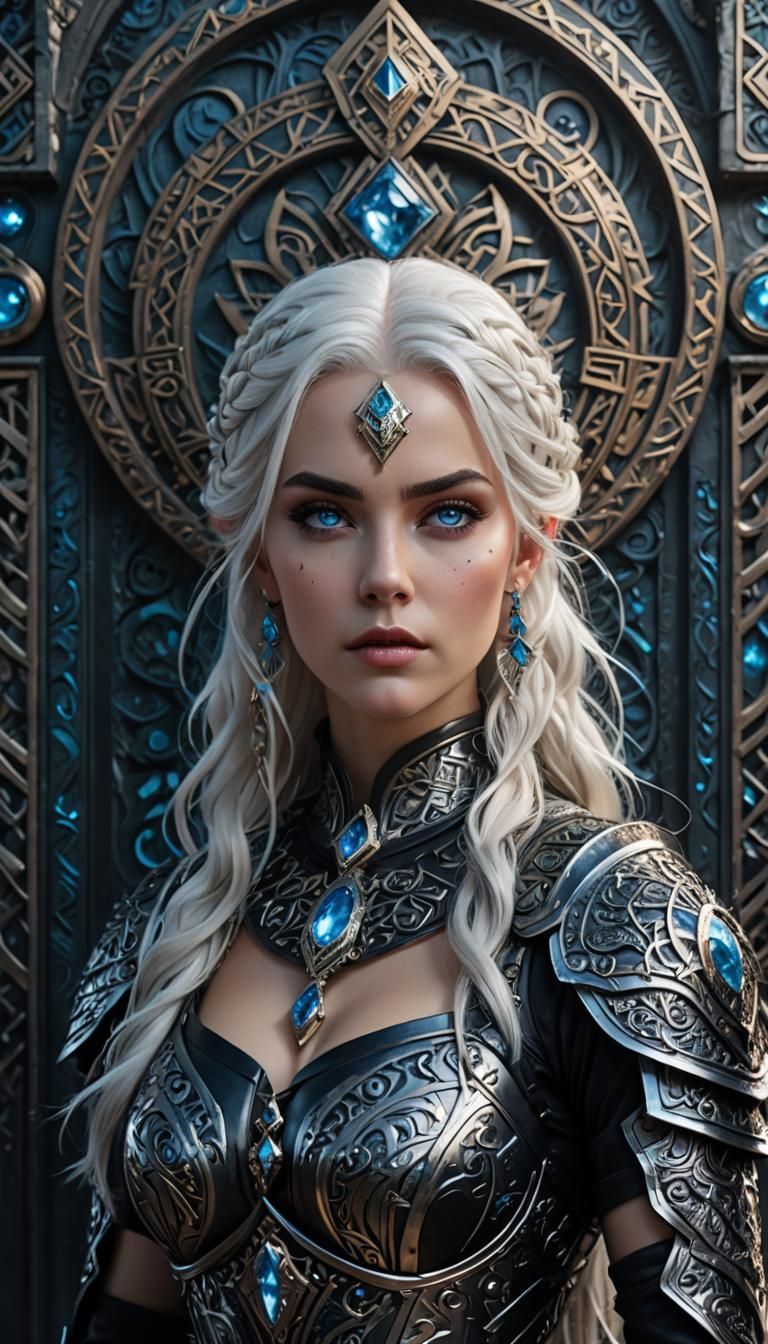 Runes and Woman in Detailed Armor