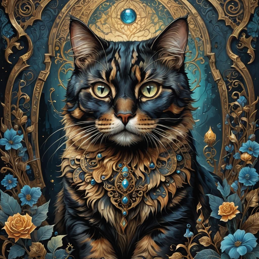 Tortoiseshell Cat Portrait in Gothic Mystical Style