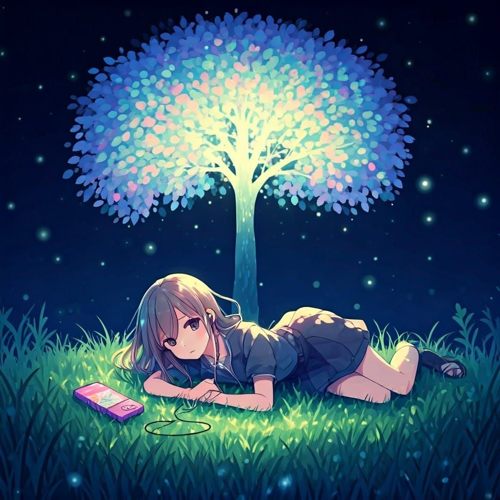 Anime Girl Surrounded by Ethereal Light and Glowing Tree