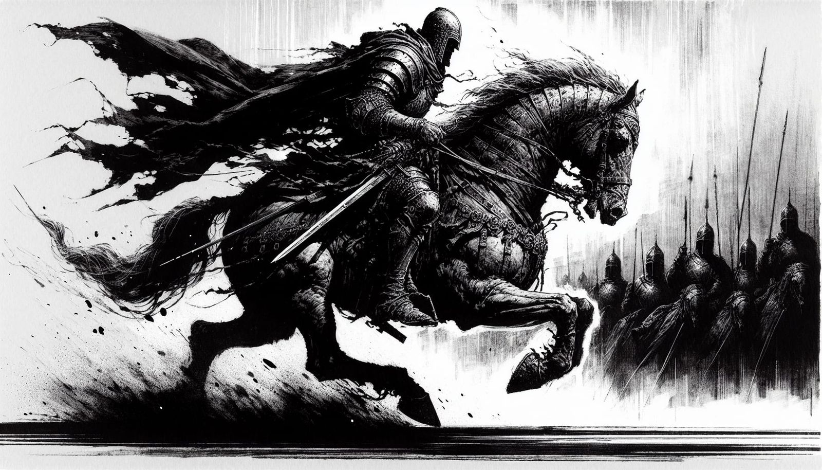 Armored Horseman Galloping in Black and White
