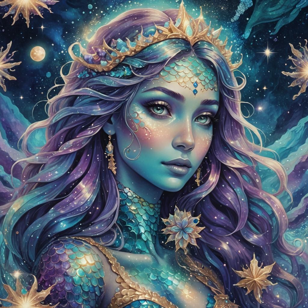 Astral Cosmic Mermaid in Starry Ocean Illustration