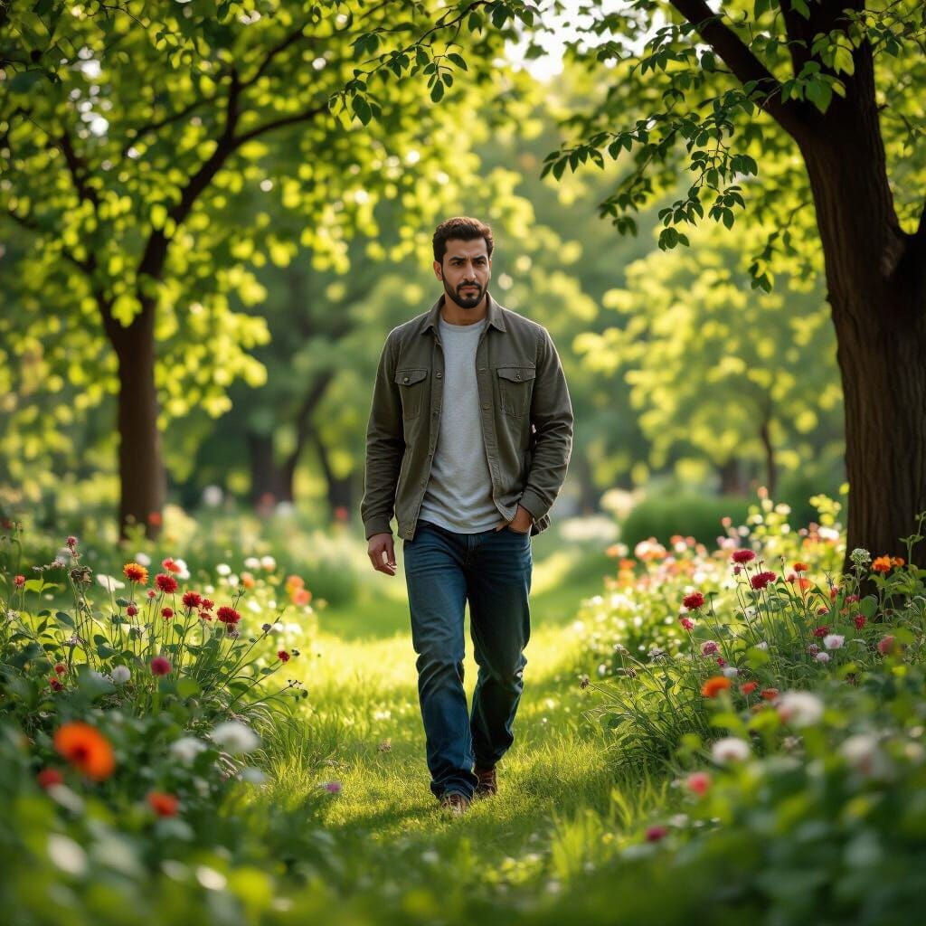 Realistic Man Walking in a Serene Garden