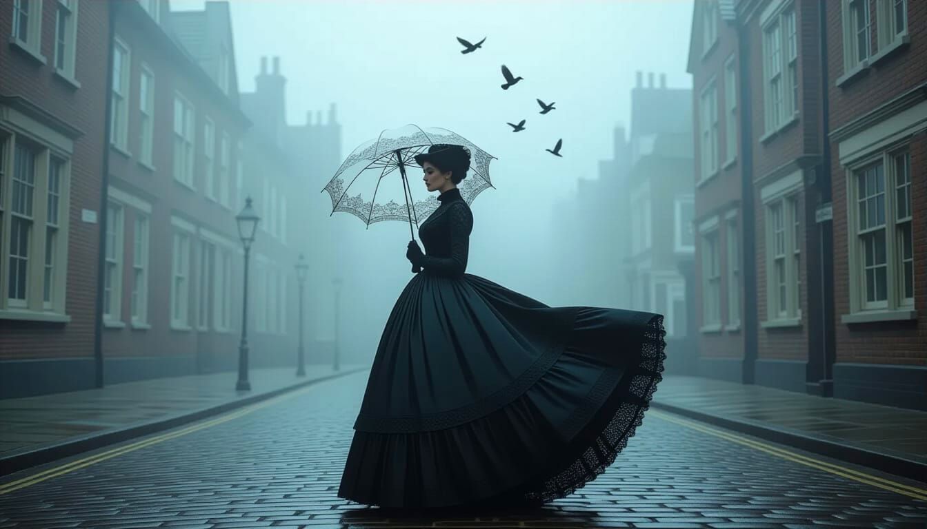 Victorian Lady in Foggy Street with Lace Parasol