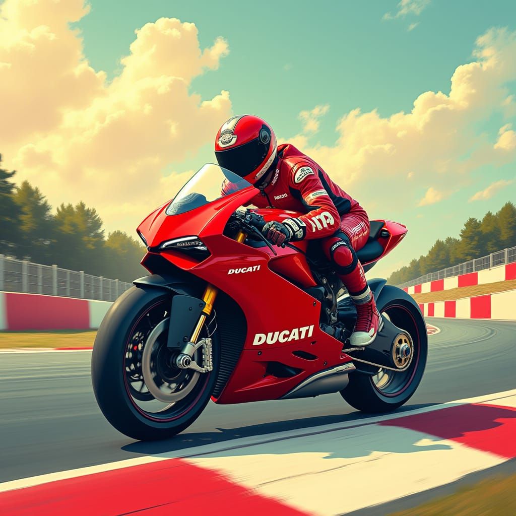 Red Ducati Races in Futuristic Photorealistic Style