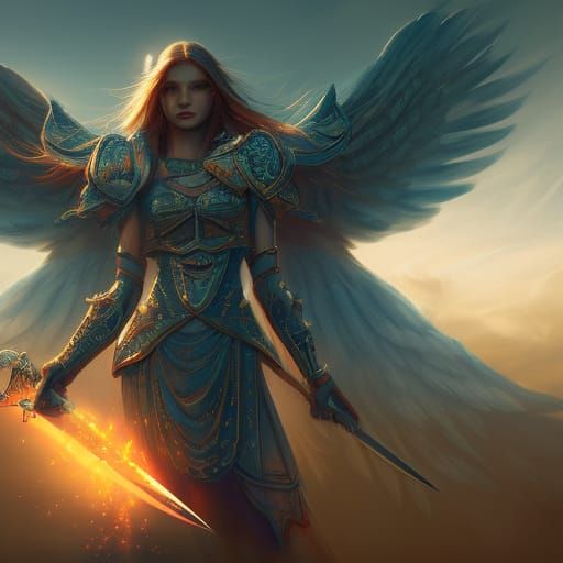 Angel Warrior in Heaven with Sword and Shield