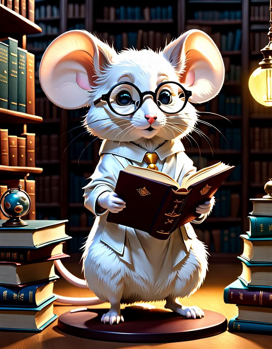 Mouse Librarian in Fantastical Bookshop: 3D Cel-Shaded Illus...