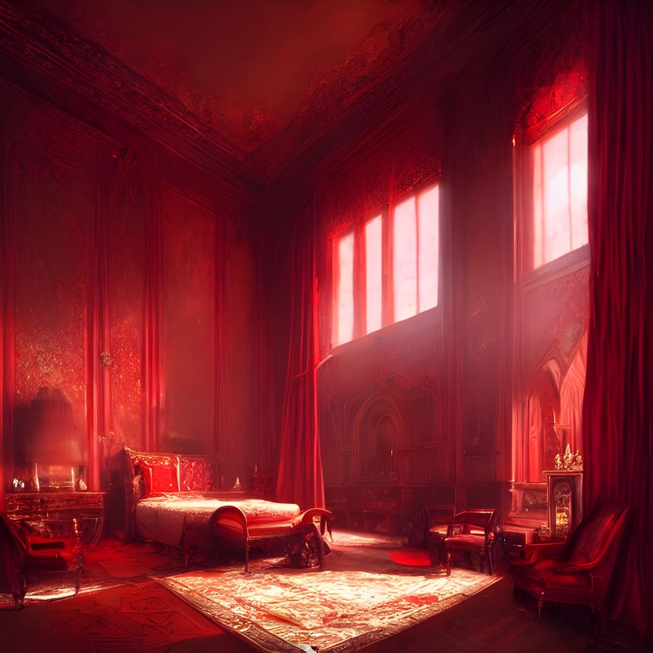 Magnificent Royal Red Bedroom in Digital Art Style
