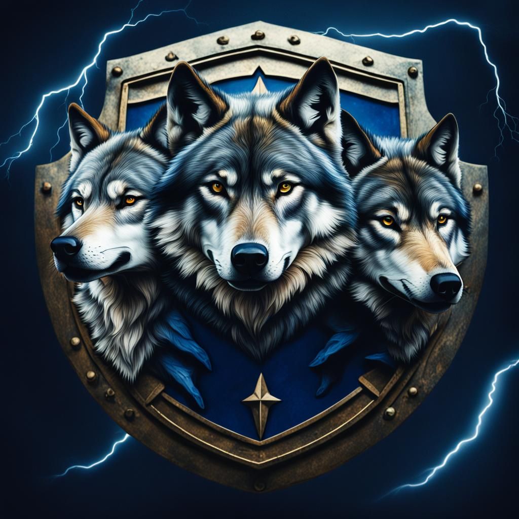 Three Wolves Adorn Dark Blue Shield with Lightning
